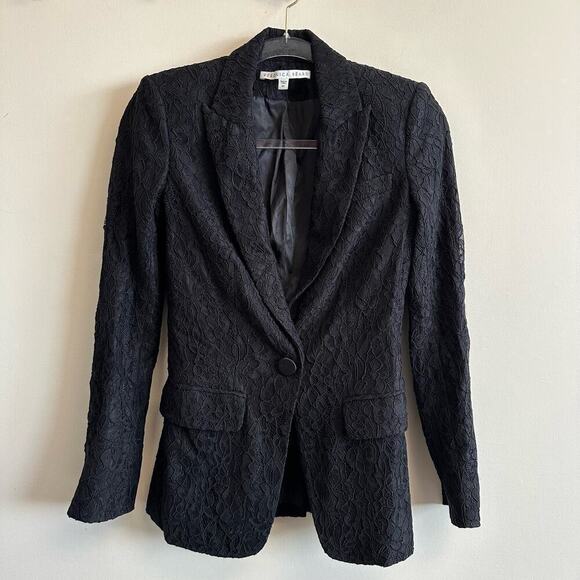 Veronica Beard Ashburn Black Lace Blazer Size 00 Longline One Button Pockets - Picture 2 of 8